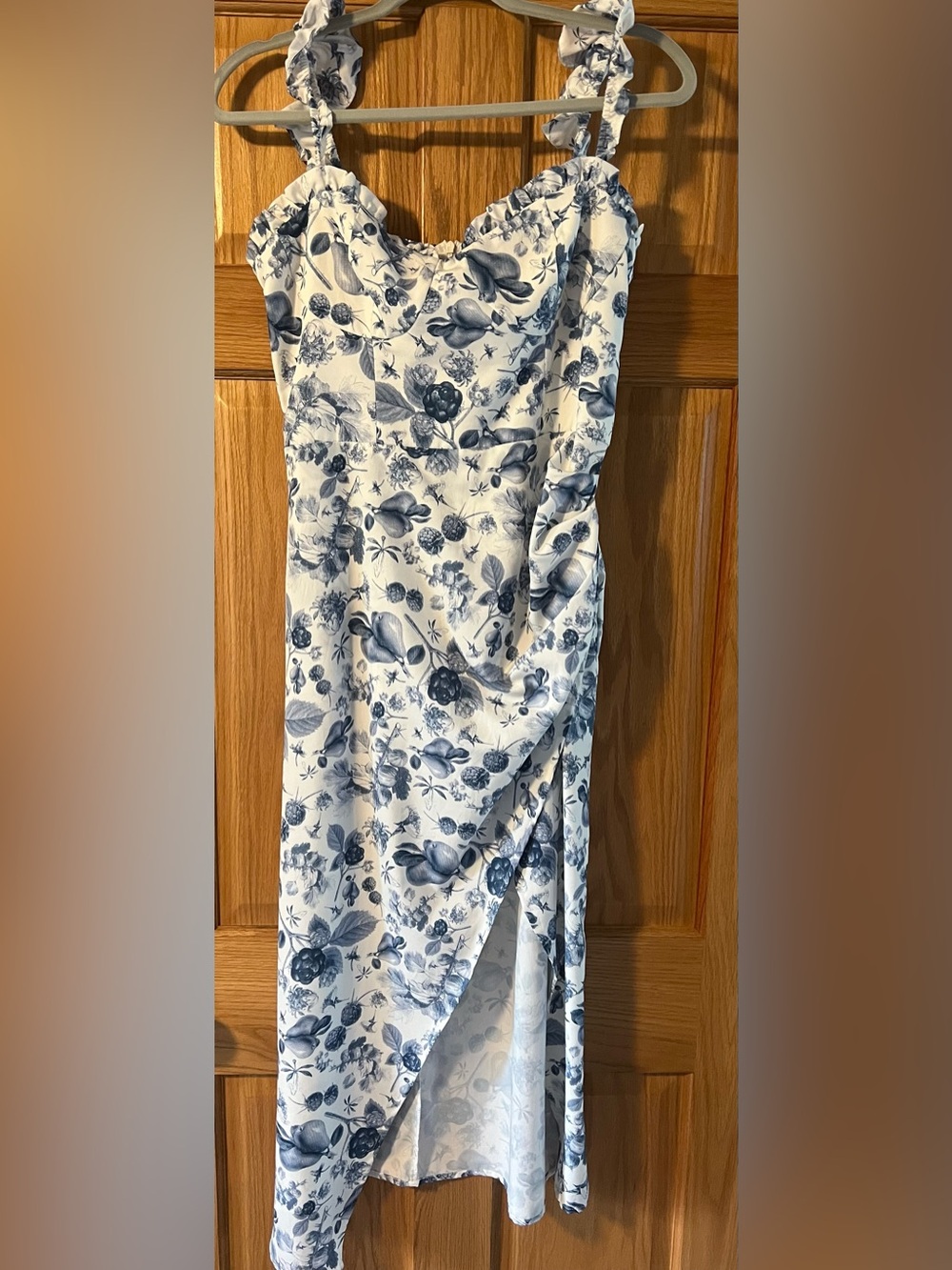 Cider White Midi Dress with Blue Floral Print and Ruffle Straps